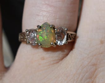Alternative Engagement Ring, Unique Opal Jewelry, Raw Stone Ring, Solid Gold Diamond Ring, Raw Diamond Ring, Size 3 4 5 6 7 8 9 10 11 12