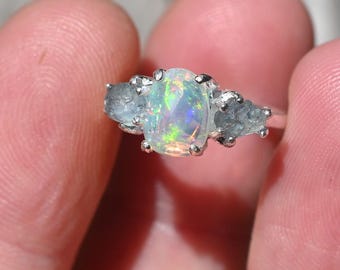 Sterling Silver Opal & Montana Sapphire Ring - Size 5