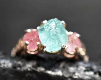 Raw Pink Tourmaline Aquamarine Sterling Silver Engagement Ring