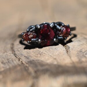 May include: A ring featuring a dark, textured metal band set with three deep red, faceted stones. The central stone is the largest, flanked by two smaller stones on either side, all held in place by dark, organic-looking metal prongs.