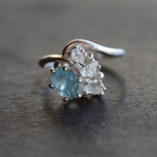 Raw Diamond and Aquamarine Engagement Ring Rough Diamond Wedding Band Unique Gemstone Sterling Silver Promise Ring Size 5 Engagement Avello