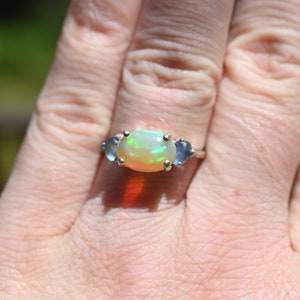 Opal and Montana sapphire rings unique opal jewelry for her birthday gift anniversary sterling silver