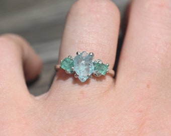 Aquamarine and Emerald engagement ring set size 3 4 5 6 7 8 9 10 11 12 13 anniversary gift for womangift