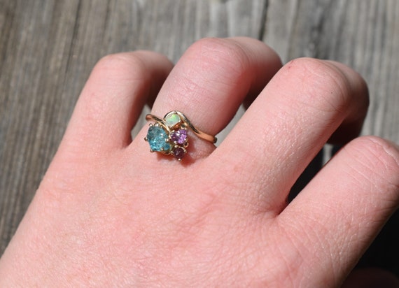 Unique Hexagon Garnet and Emerald Engagement RIng Bezel Set Rose Gold