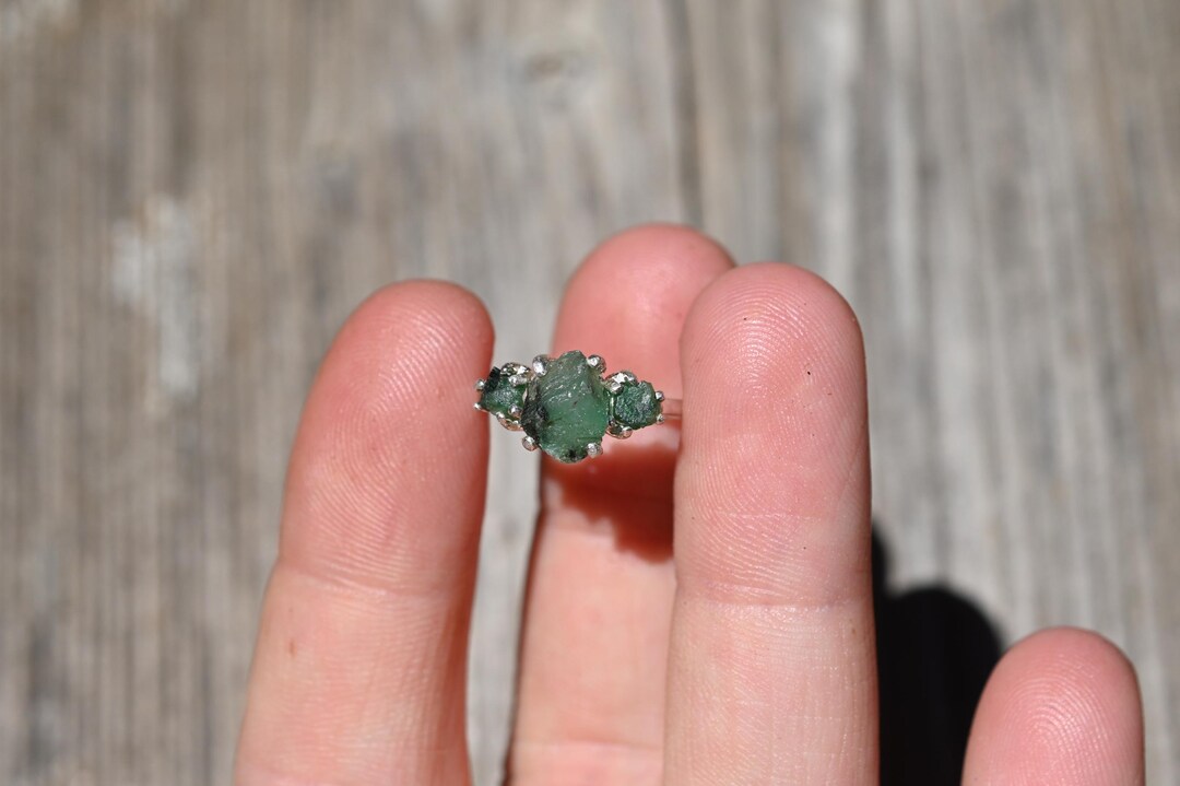 Real Emerald Ring, Genuine Uncut Emerald Jewelry, Raw Diamond Ring ...