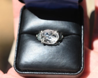 Engagement ring Raw Sapphire and Diamond , Rough Diamond Ring, Natural Uncut Diamond Wedding Band, Ring Sterling Silver Wedding Ringgift