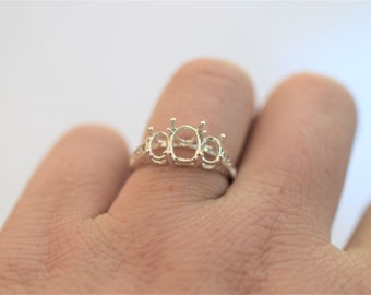 1pcs ring setting three stone ring band without stone 8x6 blank ring with  prongs sterling silver setting DIY ring make my own