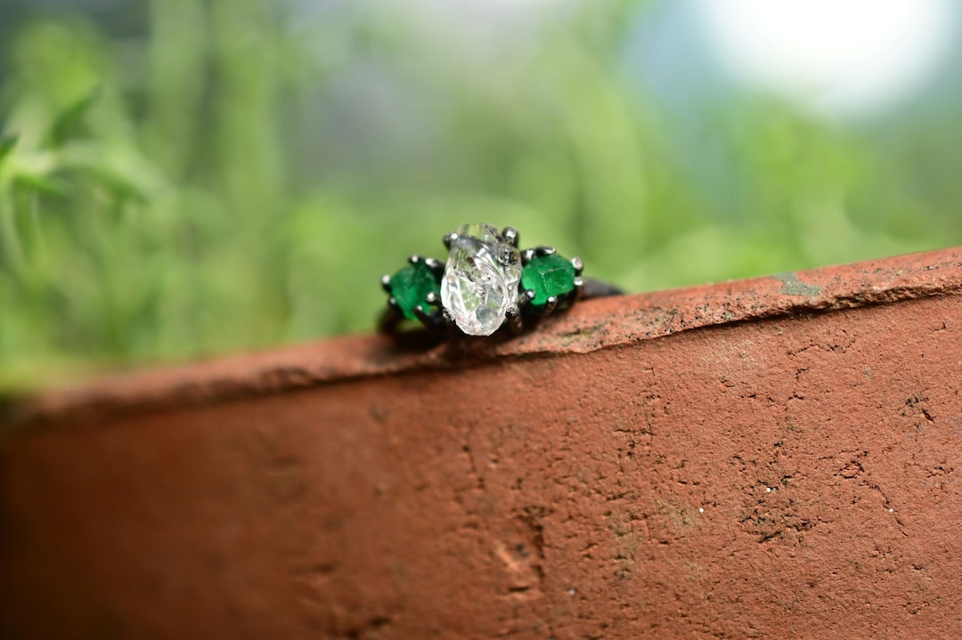 Real Emerald Rings, Genuine Uncut Emerald Jewelry, Raw Diamond Ring ...