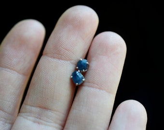 Small Sapphire Studs, Dark Blue Earrings, Natural Sapphire Earrings, Rough Gemstone, Raw Stone jewelry,  gift for her, September Birthstone