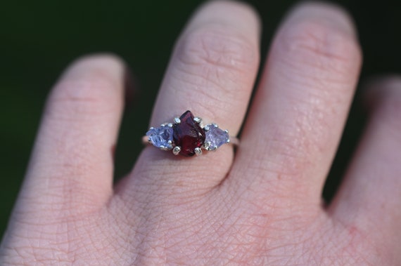 Tanzanite and Garnet Ring Unique Raw Stone Rings Alternative