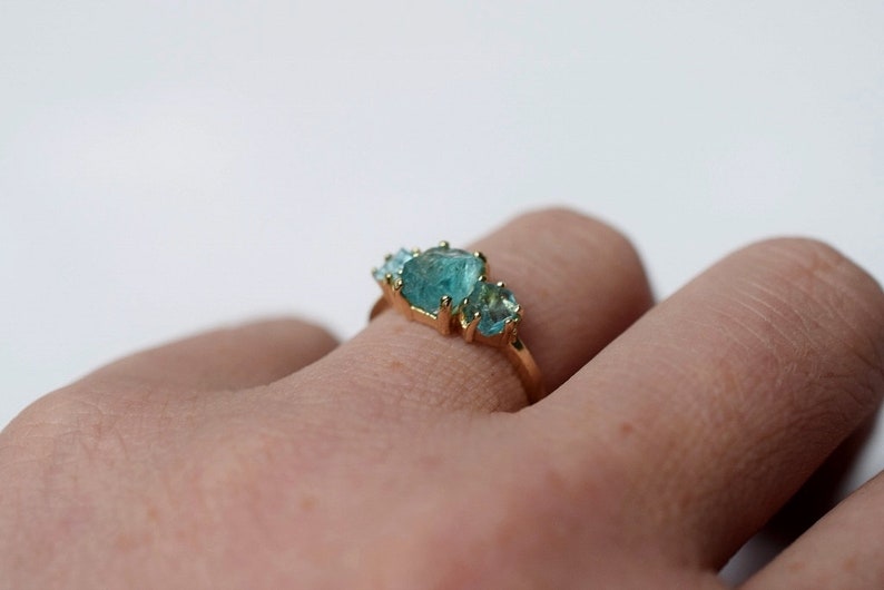 Raw aquamarine ring, crystal ring, three stone ring, natural gemstone jewelry, solid 10k yellow white gold size 3 4 5 6 7 8 9 10 11 12 13 image 5