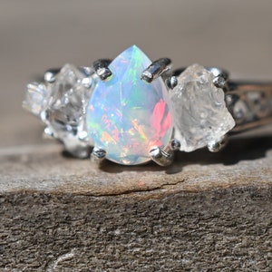 Raw crystal ring, Raw Diamond Engagement Ring, Opal Wedding Ring, Rough Gemstone Jewelry, Sterling Silver Size 3 4 5 6 7 8 9 10 11 12 gift