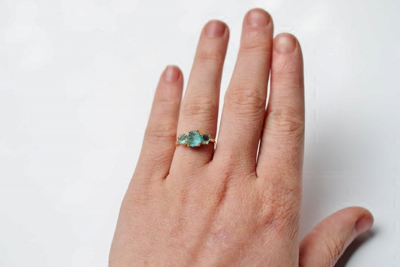 Raw aquamarine ring, crystal ring, three stone ring, natural gemstone jewelry, solid 10k yellow white gold size 3 4 5 6 7 8 9 10 11 12 13 image 4
