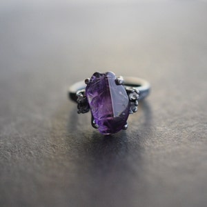 Raw Diamond and Amethyst Engagement Ring Rough Diamond Wedding Band Unique Gemstone Sterling Silver Promise Ring Size 5 Engagement