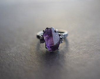 Raw Diamond and Amethyst Engagement Ring Rough Diamond Wedding Band Unique Gemstone Sterling Silver Promise Ring Size 5 Engagement