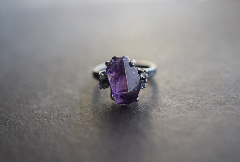 Raw Diamond and Amethyst Engagement Ring Rough Diamond Wedding Band Unique Gemstone Sterling Silver Promise Ring Size 5 Engagement image 1