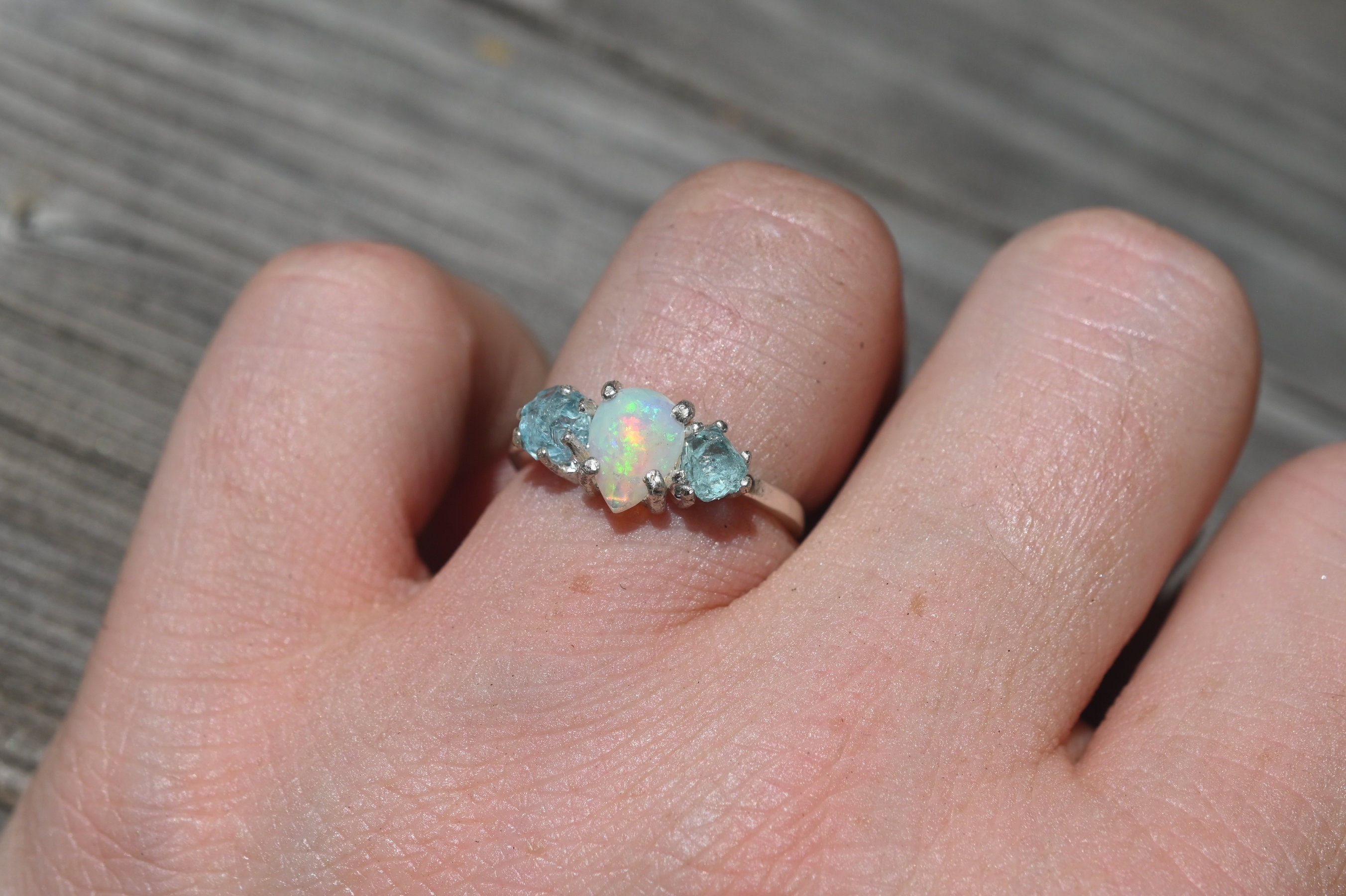 Opal and Aquamarine Engagement Ring Raw Stone Ring Alternative