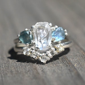 Alliance en saphir brut et diamants bruts, pierre précieuse de remise des diplômes unique, bague de promesse en argent sterling, taille 3 4 5 6 7 8 9 10 11 12