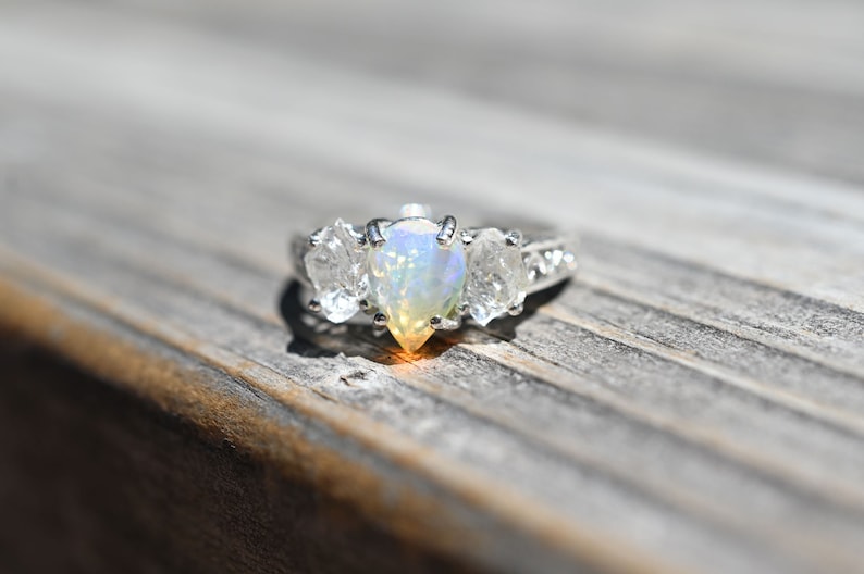 Raw crystal ring, Raw Diamond Engagement Ring, Opal Wedding Ring, Rough Gemstone Jewelry, Sterling Silver Size 3 4 5 6 7 8 9 10 11 12 