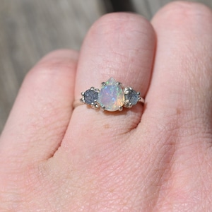 opal ring, Raw sapphire Gemstone, unique opal ring, jewelry for her, birthday  gift anniversary, raw blue stone, sterling silver  gift