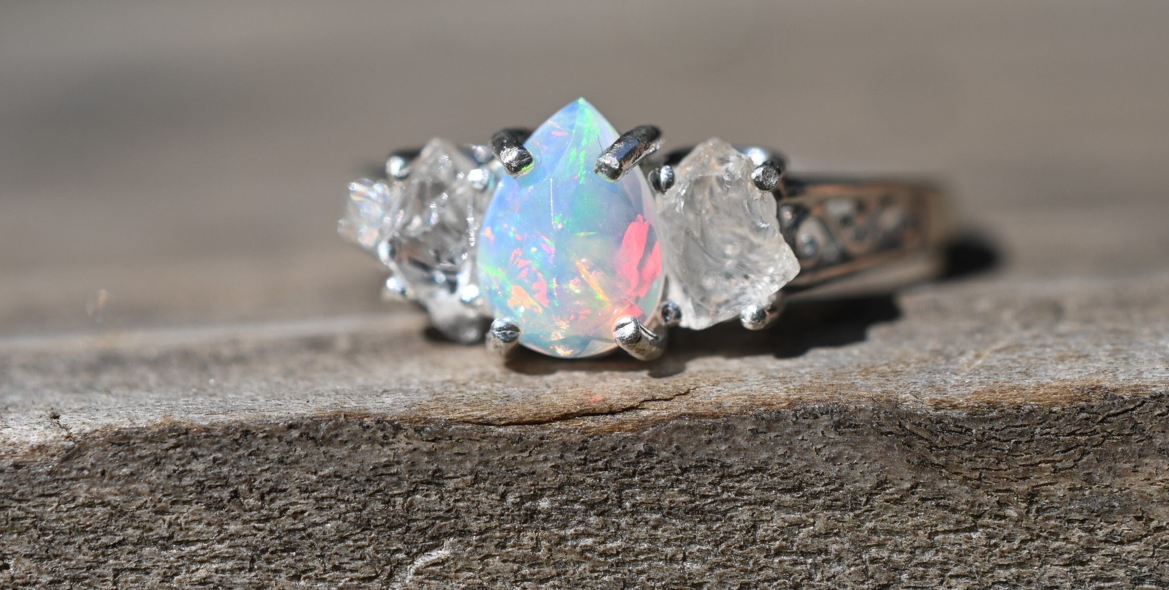 Iridescent Opal Centerpiece Ring Multifaceted Side Stones Unique Boho Statement Jewelry Anniversary Gift for Womangift Etsy Canada