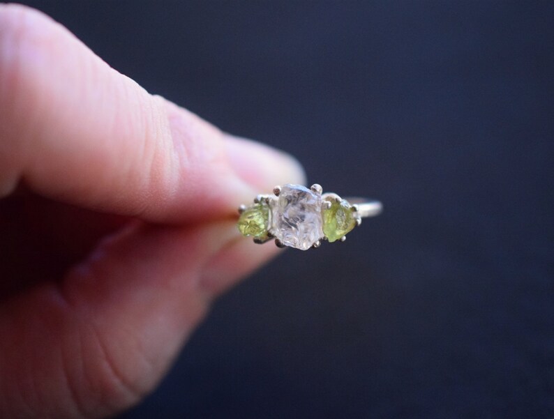 Raw Peridot and Clear Quartz Engagement Ring Rough Cut Etsy
