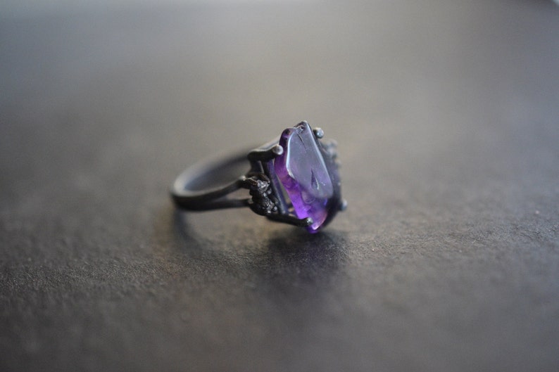 Raw Diamond and Amethyst Engagement Ring Rough Diamond Wedding Band Unique Gemstone Sterling Silver Promise Ring Size 5 Engagement image 2