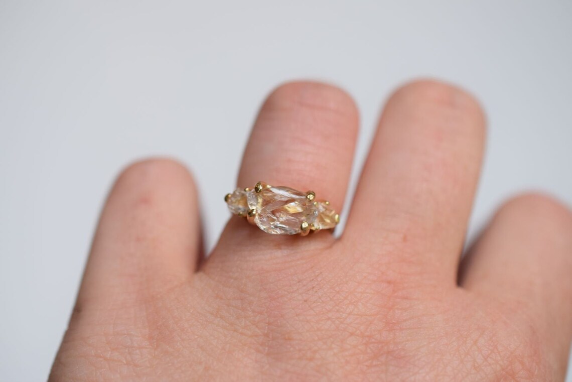 Size 6 Gold Engagement Ring 14k Solid Gold Three Stone Etsy
