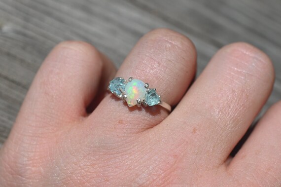 Engagement Ring Opal and Aquamarine Raw Stone Ring, Alternative