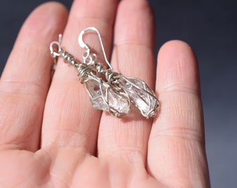 Large Dangle Earrings, Large Raw Diamonds, Gold Wire Wrapped Earrings, Rough Diamond Earrings, Gift for Bride, Natural Diamond Earrings