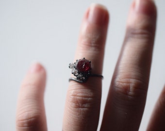 Rohe Rubin und Diamant-Verlobungsring, ungeschliffener Diamant-Ring, ungeschliffene Diamant Ehering, Ring Sterling Silber Hochzeit Ring