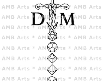 May include: Black and white illustration of a sword with a stylized handle and a set of dice hanging from the blade. The dice are in the shape of a 20-sided die, a 12-sided die, a 10-sided die, a 8-sided die, a 6-sided die, and a 4-sided die. The text "DM" is above the sword.