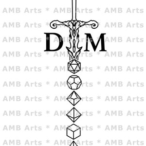 Dungeon Master Logo SVG/PNG Descarga digital - Logotipo de Dungeons and Dragons DM con diseño de espada y dados - Archivo para Cricut