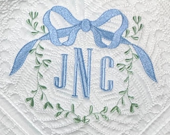 Custom Heirloom Quilt with Bow and Vine Frame, Personalized Blanket with 3 Embroidery Initials, Baby Boy Embroidery Gift