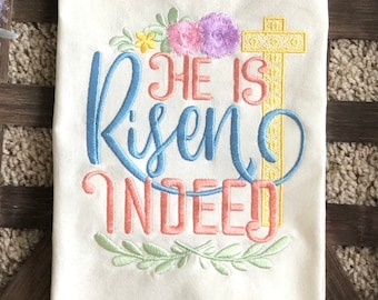 HE IS RISEN Easter Embroidered Towel, Easter Tea Towel, Religious Kitchen Towel, Guest Bath Towel, Grain towel