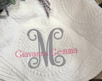 Monogrammed Heirloom Quilt for New Baby,  Personalized Quilt with fancy Vine Script Initial and name, Custom Christening Blanket