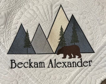 Mountains and Bear Adventure Crib Quilt, Personalized Blanket, Embroidered Nursery Gift, Custom Birth Announcement