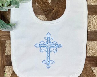 Blessing Bib with Embroidered Cross for Baby's Blessing Day, Gender Neutral White Bib