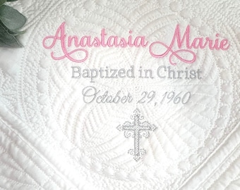 Baptism Heirloom Quilt Embroidered with Baptized in Christ and Baby's Name, Personalized Monogram Blanket Gift for Christening