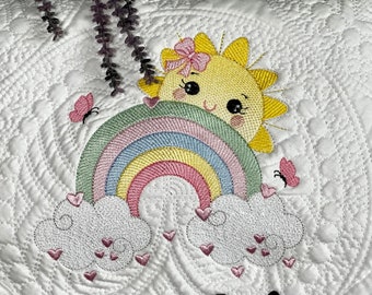 Rainbow Sunshine Crib Quilt, Personalized Baby Blanket, Embroidery Nursery Gift, Custom Birth Announcement