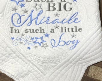 Personalized Baby Boy Quilt, Embroidery Such A Big Miracle In Such a Little Boy Nursery Blanket, Custom Birth Stats, Boy Christening Gift