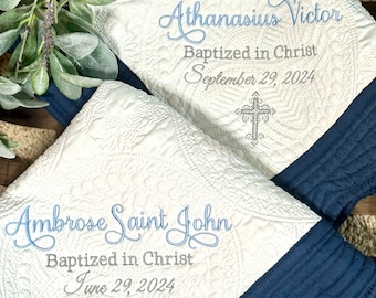Baptism Heirloom Quilt Embroidered with Baptized in Christ and Baby's Name, Personalized Monogram Blanket, Christening Gift for Boys