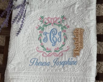 Personalized Baby Girl Quilt, Embroidered Monogram with Name in floral crest and ribbon Bow