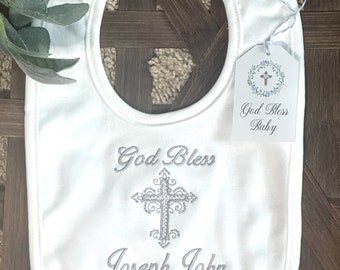 Baptism Bib with Silver Name, Personalized Embroidery Christening Bib, Baby's Blessed Day Bib with Cross, Blessing Ceremony
