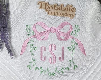 Personalized Heirloom Baby Quilt: Pink Bow, Vine Frame, Embroidered Initials