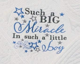 Personalized Baby Boy Quilt, Embroidery Such A Big Miracle In Such a Little Boy Nursery Blanket, Custom Birth Stats, Christening