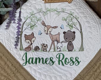 Forest Friends Baby Quilt, Custom Embroidery Woodland Theme Nursery Gift, Personalized Embroidered Name