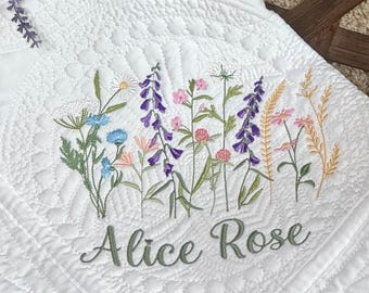 Personalized Wildflower Baby Quilt: Embroidered Nursery Blanket, Custom Name