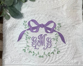 Custom Heirloom Quilt with Bow and Vine Frame, Personalized Blanket with 3 Embroidery Initials, Baby Girl Design in Choice of Colors