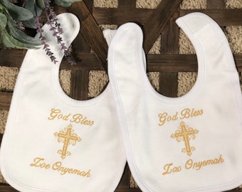 Baptism Bib with Gold Personalized Name, Embroidery Christening Bib, Baby's Blessed Day